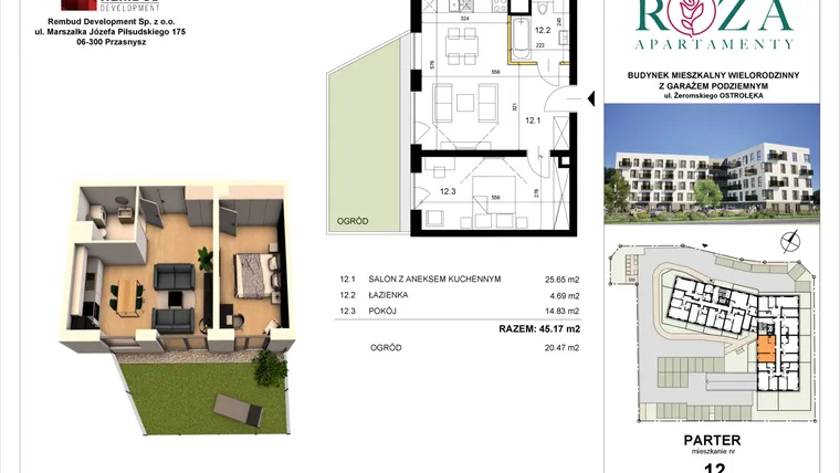 Rzut - Mieszkanie na sprzedaż 2 pokoje o powierzchni 45,17 m² - numer M  12 w Apartamenty Róża