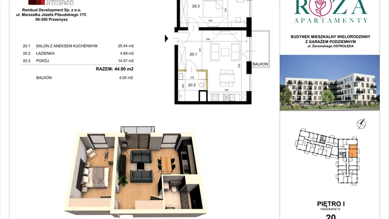 Rzut - Mieszkanie na sprzedaż 2 pokoje o powierzchni 44,9 m² - numer M  20 w Apartamenty Róża