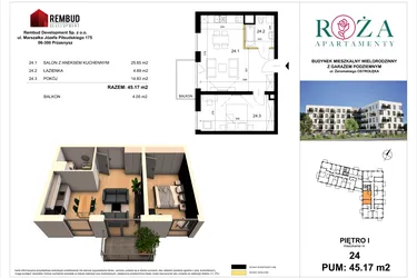Rzut - Mieszkanie na sprzedaż 2 pokoje o powierzchni 45,17 m² - numer M  24 w Apartamenty Róża