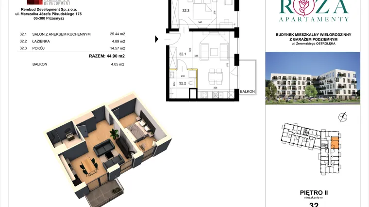 Rzut - Mieszkanie na sprzedaż 2 pokoje o powierzchni 44,9 m² - numer M  32 w Apartamenty Róża