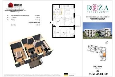 Rzut - Mieszkanie na sprzedaż 2 pokoje o powierzchni 45,24 m² - numer M  33 w Apartamenty Róża