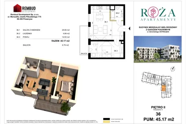 Rzut - Mieszkanie na sprzedaż 2 pokoje o powierzchni 45,17 m² - numer M  36 w Apartamenty Róża