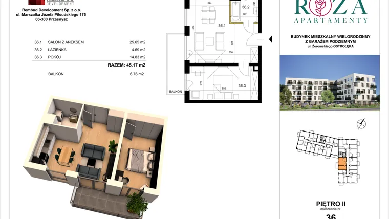 Rzut - Mieszkanie na sprzedaż 2 pokoje o powierzchni 45,17 m² - numer M  36 w Apartamenty Róża