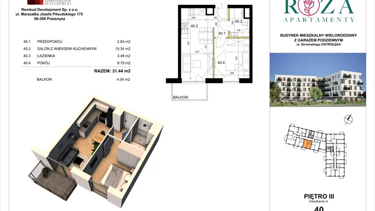 Rzut - Mieszkanie na sprzedaż 2 pokoje o powierzchni 31,44 m² - numer M  40 w Apartamenty Róża