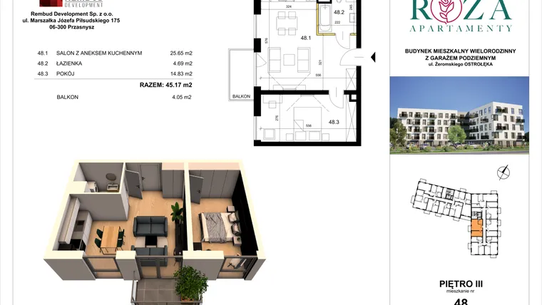 Rzut - Mieszkanie na sprzedaż 2 pokoje o powierzchni 45,17 m² - numer M  48 w Apartamenty Róża