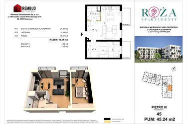 Rzut - Mieszkanie na sprzedaż 2 pokoje o powierzchni 45,24 m² - numer M  45 w Apartamenty Róża