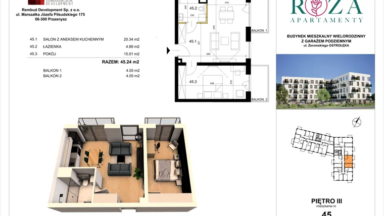 Rzut - Mieszkanie na sprzedaż 2 pokoje o powierzchni 45,24 m² - numer M  45 w Apartamenty Róża