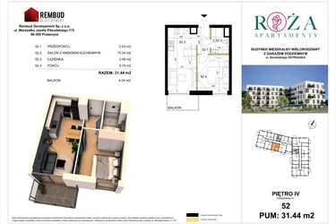 Rzut - Mieszkanie na sprzedaż 2 pokoje o powierzchni 31,44 m² - numer M  52 w Apartamenty Róża