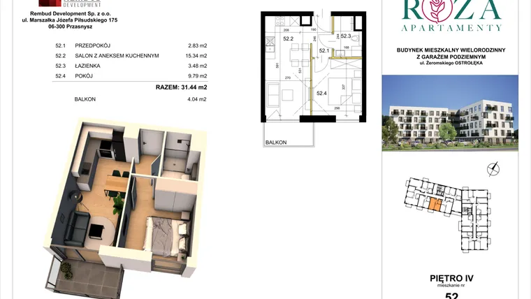 Rzut - Mieszkanie na sprzedaż 2 pokoje o powierzchni 31,44 m² - numer M  52 w Apartamenty Róża