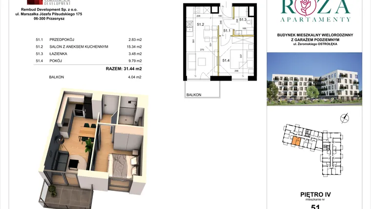 Rzut - Mieszkanie na sprzedaż 2 pokoje o powierzchni 31,44 m² - numer M  51 w Apartamenty Róża