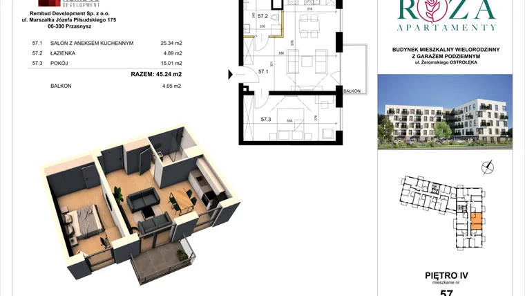Rzut - Mieszkanie na sprzedaż 2 pokoje o powierzchni 45,24 m² - numer M  57 w Apartamenty Róża