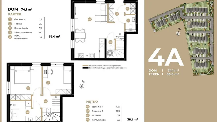Rzut - Dom na sprzedaż 3 pokoje o powierzchni 74,1 m² - numer 4A w Kasprowicza 4 etap II