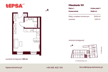 Rzut - Mieszkanie na sprzedaż 1 pokój o powierzchni 29,8 m² - numer M101 w Tepsa Kato