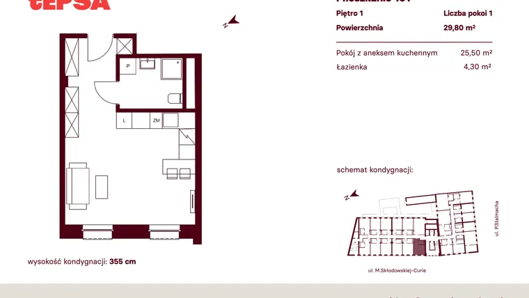 Rzut - Mieszkanie na sprzedaż 1 pokój o powierzchni 29,8 m² - numer M101 w Tepsa Kato