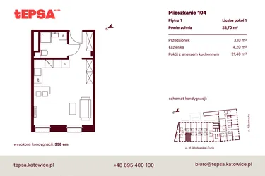 Rzut - Mieszkanie na sprzedaż 1 pokój o powierzchni 28,7 m² - numer M104 w Tepsa Kato