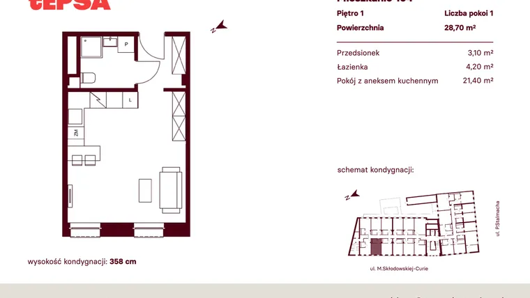 Rzut - Mieszkanie na sprzedaż 1 pokój o powierzchni 28,7 m² - numer M104 w Tepsa Kato