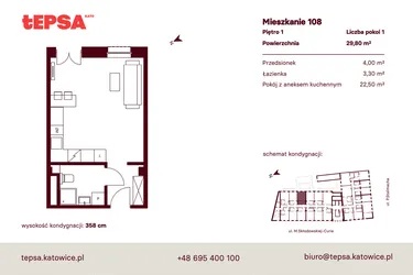 Rzut - Mieszkanie na sprzedaż 1 pokój o powierzchni 29,8 m² - numer M108 w Tepsa Kato