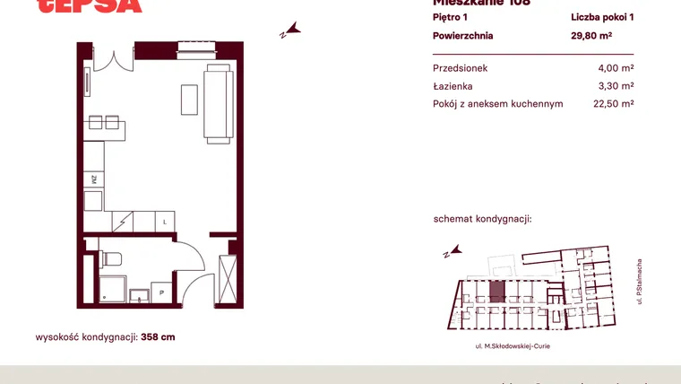Rzut - Mieszkanie na sprzedaż 1 pokój o powierzchni 29,8 m² - numer M108 w Tepsa Kato