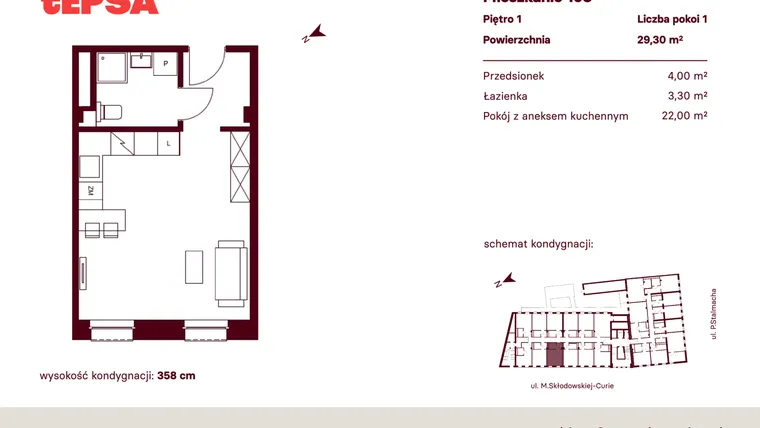 Rzut - Mieszkanie na sprzedaż 1 pokój o powierzchni 29,3 m² - numer M103 w Tepsa Kato