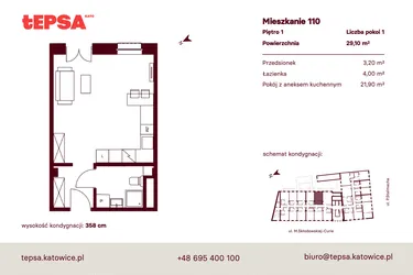 Rzut - Mieszkanie na sprzedaż 1 pokój o powierzchni 29,1 m² - numer M110 w Tepsa Kato