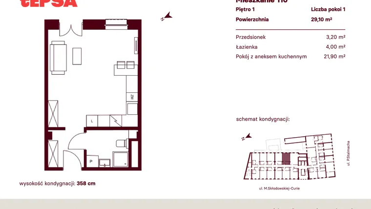 Rzut - Mieszkanie na sprzedaż 1 pokój o powierzchni 29,1 m² - numer M110 w Tepsa Kato