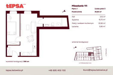 Rzut - Mieszkanie na sprzedaż 2 pokoje o powierzchni 40,8 m² - numer M111 w Tepsa Kato