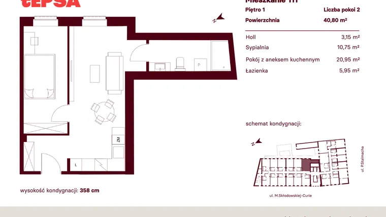 Rzut - Mieszkanie na sprzedaż 2 pokoje o powierzchni 40,8 m² - numer M111 w Tepsa Kato
