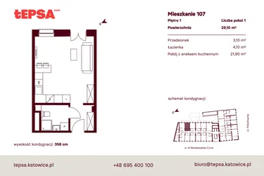 Rzut - Mieszkanie na sprzedaż 1 pokój o powierzchni 29,1 m² - numer M107 w Tepsa Kato