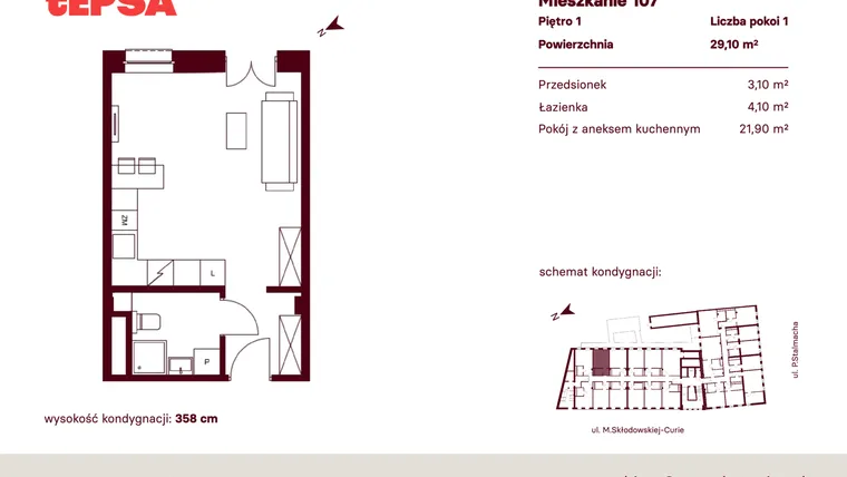 Rzut - Mieszkanie na sprzedaż 1 pokój o powierzchni 29,1 m² - numer M107 w Tepsa Kato