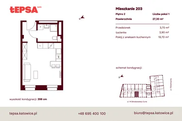 Rzut - Mieszkanie na sprzedaż 1 pokój o powierzchni 27,3 m² - numer M203 w Tepsa Kato
