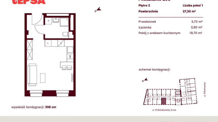 Rzut - Mieszkanie na sprzedaż 1 pokój o powierzchni 27,3 m² - numer M203 w Tepsa Kato