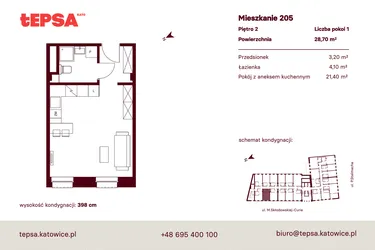 Rzut - Mieszkanie na sprzedaż 1 pokój o powierzchni 28,7 m² - numer M205 w Tepsa Kato