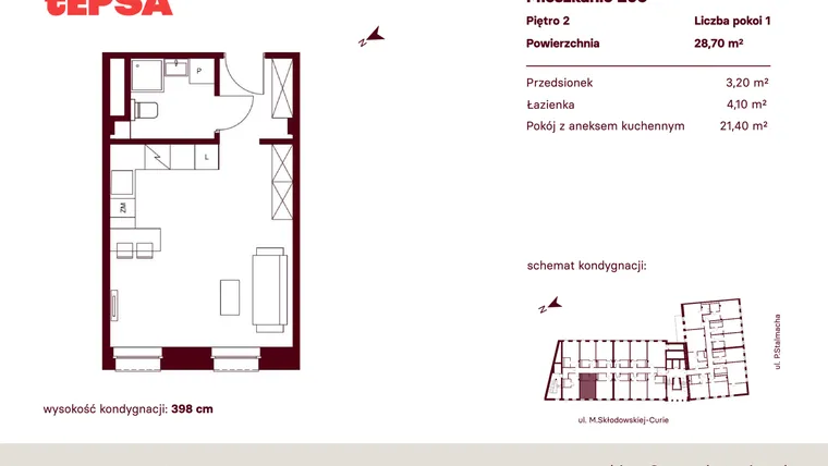 Rzut - Mieszkanie na sprzedaż 1 pokój o powierzchni 28,7 m² - numer M205 w Tepsa Kato