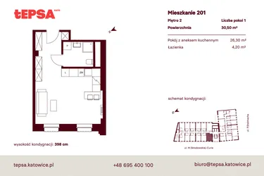 Rzut - Mieszkanie na sprzedaż 1 pokój o powierzchni 30,5 m² - numer M201 w Tepsa Kato
