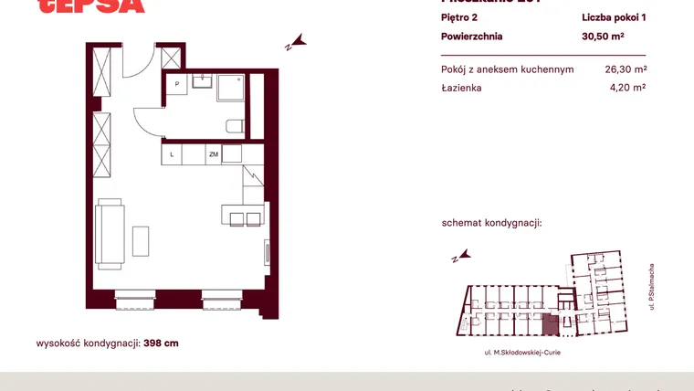 Rzut - Mieszkanie na sprzedaż 1 pokój o powierzchni 30,5 m² - numer M201 w Tepsa Kato