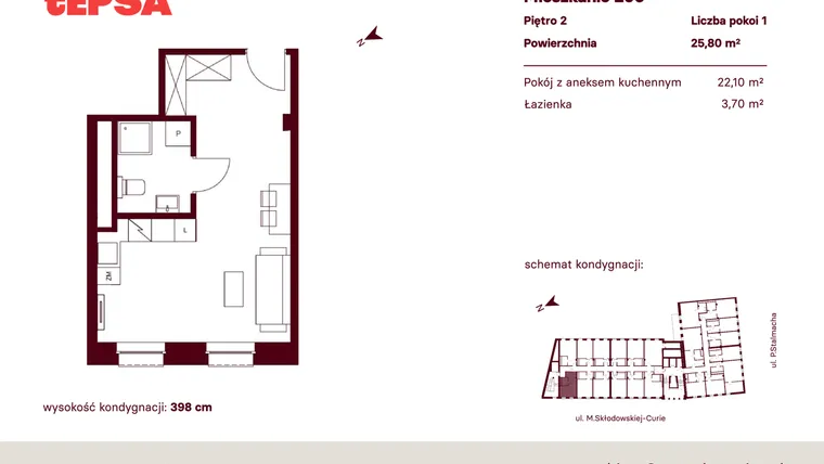 Rzut - Mieszkanie na sprzedaż 1 pokój o powierzchni 25,8 m² - numer M206 w Tepsa Kato