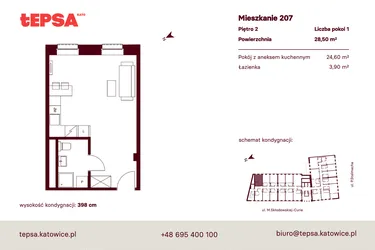 Rzut - Mieszkanie na sprzedaż 1 pokój o powierzchni 28,5 m² - numer M207 w Tepsa Kato