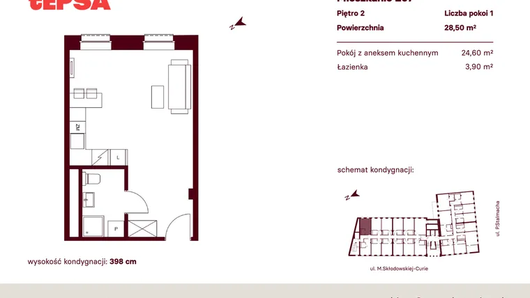 Rzut - Mieszkanie na sprzedaż 1 pokój o powierzchni 28,5 m² - numer M207 w Tepsa Kato