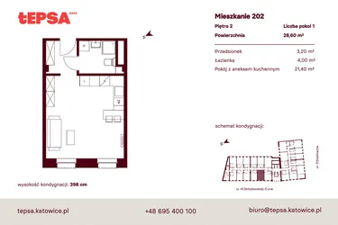 Rzut - Mieszkanie na sprzedaż 1 pokój o powierzchni 28,6 m² - numer M202 w Tepsa Kato