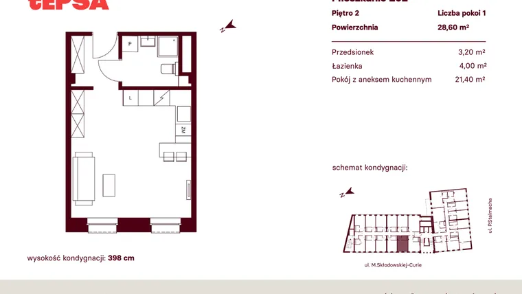 Rzut - Mieszkanie na sprzedaż 1 pokój o powierzchni 28,6 m² - numer M202 w Tepsa Kato