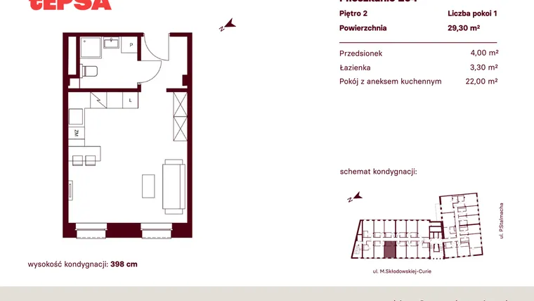 Rzut - Mieszkanie na sprzedaż 1 pokój o powierzchni 29,3 m² - numer M204 w Tepsa Kato
