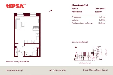 Rzut - Mieszkanie na sprzedaż 1 pokój o powierzchni 28,3 m² - numer M210 w Tepsa Kato