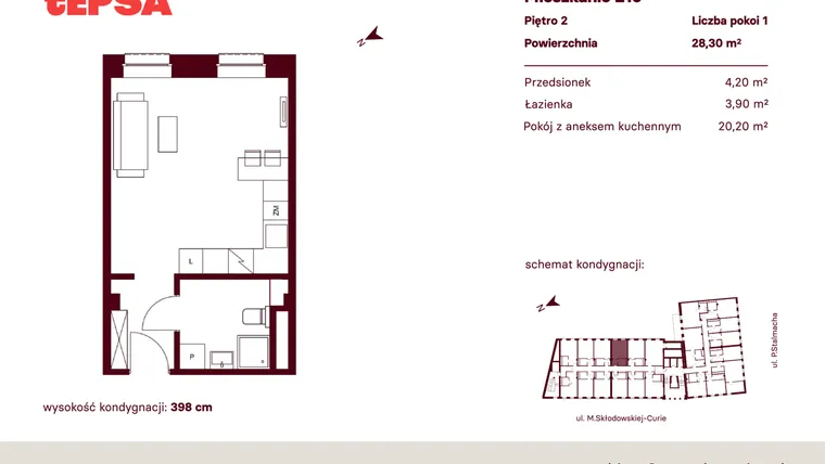 Rzut - Mieszkanie na sprzedaż 1 pokój o powierzchni 28,3 m² - numer M210 w Tepsa Kato