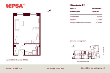 Rzut - Mieszkanie na sprzedaż 1 pokój o powierzchni 29 m² - numer M211 w Tepsa Kato