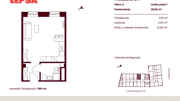 Rzut - Mieszkanie na sprzedaż 1 pokój o powierzchni 29 m² - numer M211 w Tepsa Kato