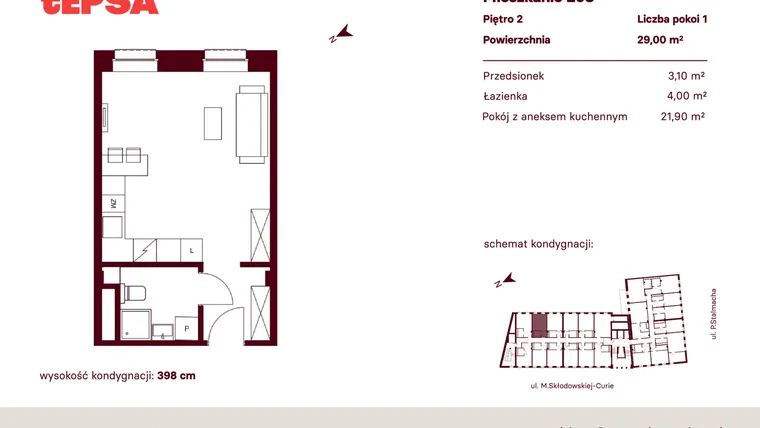 Rzut - Mieszkanie na sprzedaż 1 pokój o powierzchni 29 m² - numer M208 w Tepsa Kato