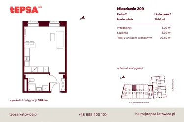 Rzut - Mieszkanie na sprzedaż 1 pokój o powierzchni 29,8 m² - numer M209 w Tepsa Kato