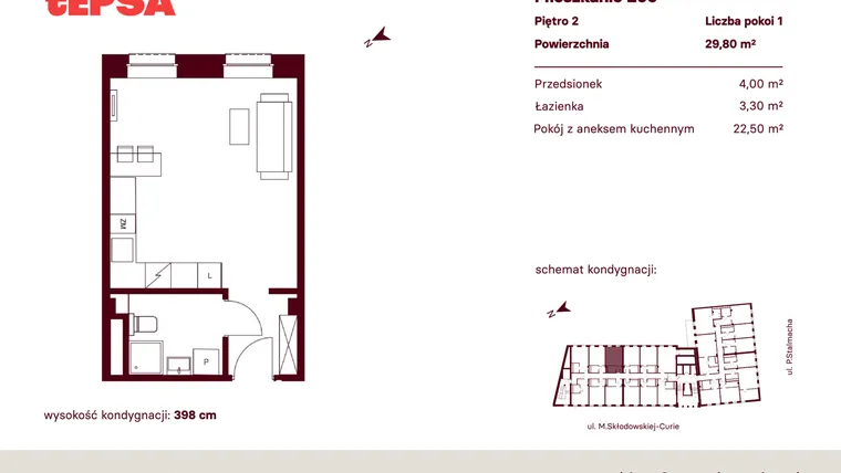 Rzut - Mieszkanie na sprzedaż 1 pokój o powierzchni 29,8 m² - numer M209 w Tepsa Kato