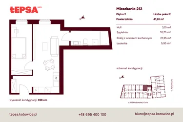 Rzut - Mieszkanie na sprzedaż 2 pokoje o powierzchni 41,2 m² - numer M212 w Tepsa Kato