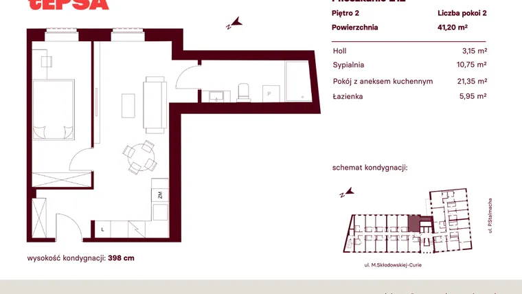 Rzut - Mieszkanie na sprzedaż 2 pokoje o powierzchni 41,2 m² - numer M212 w Tepsa Kato